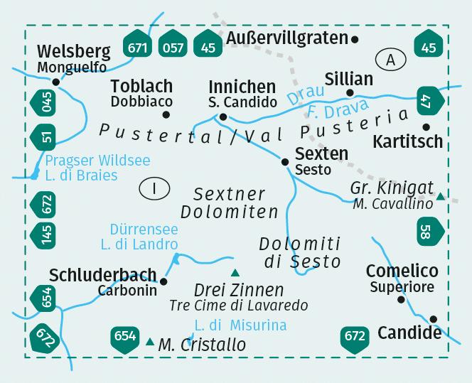 Beispielinhalt (Bild) KOMPASS Wanderkarte 657 Sextner Dolomiten, Hochpustertal / Dolomiti di Sesto, Alta Pusteria 1:25.000