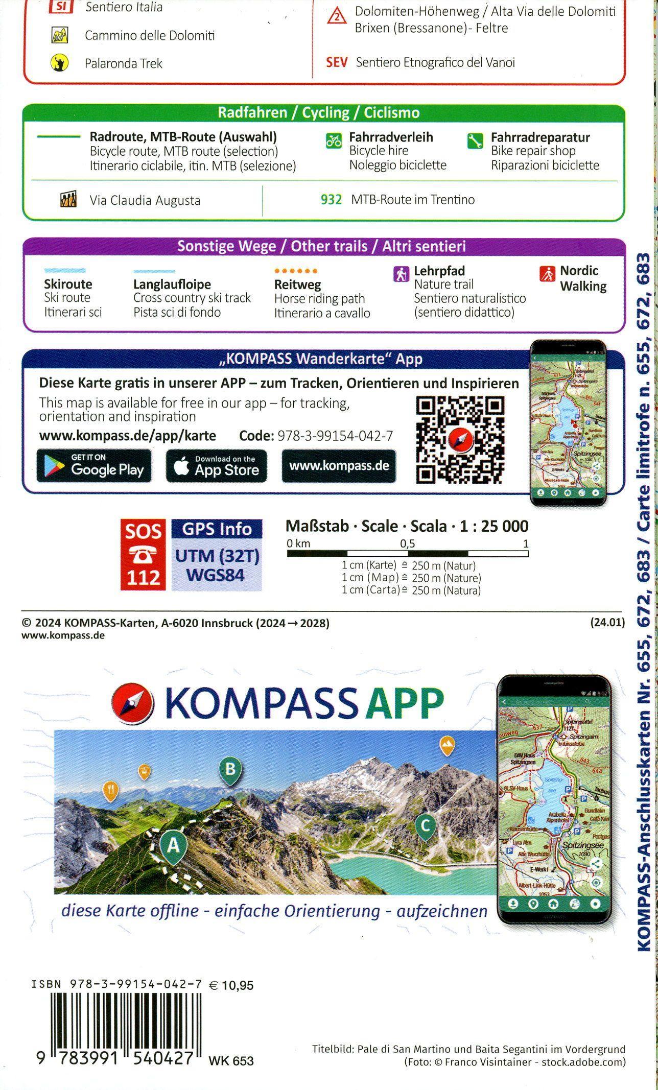Beispielinhalt (Bild) KOMPASS Wanderkarte 653 Pale di San Martino, Primiero San Martino di Castrozza, Paneveggio, Valle del Vanoi 1:25.000
