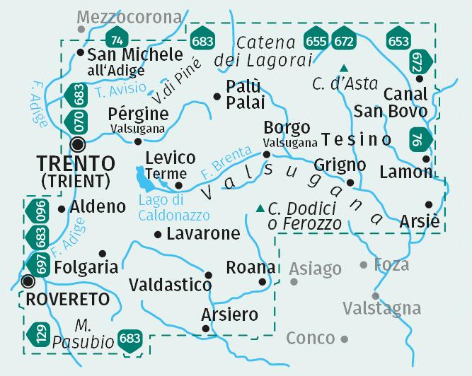 Beispielinhalt (Bild) KOMPASS Wanderkarten-Set 656 Valsugana, Pine, Levico, Lavarone, Folgaria, Monte Pasubio, Cima d'Asta, Lagorai, Tesino (3 Karten) 1:25.000