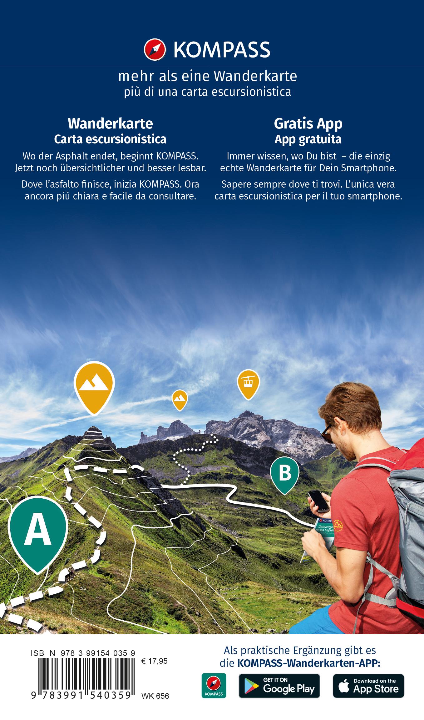 Rückseitencover KOMPASS Wanderkarten-Set 656 Valsugana, Pine, Levico, Lavarone, Folgaria, Monte Pasubio, Cima d'Asta, Lagorai, Tesino (3 Karten) 1:25.000