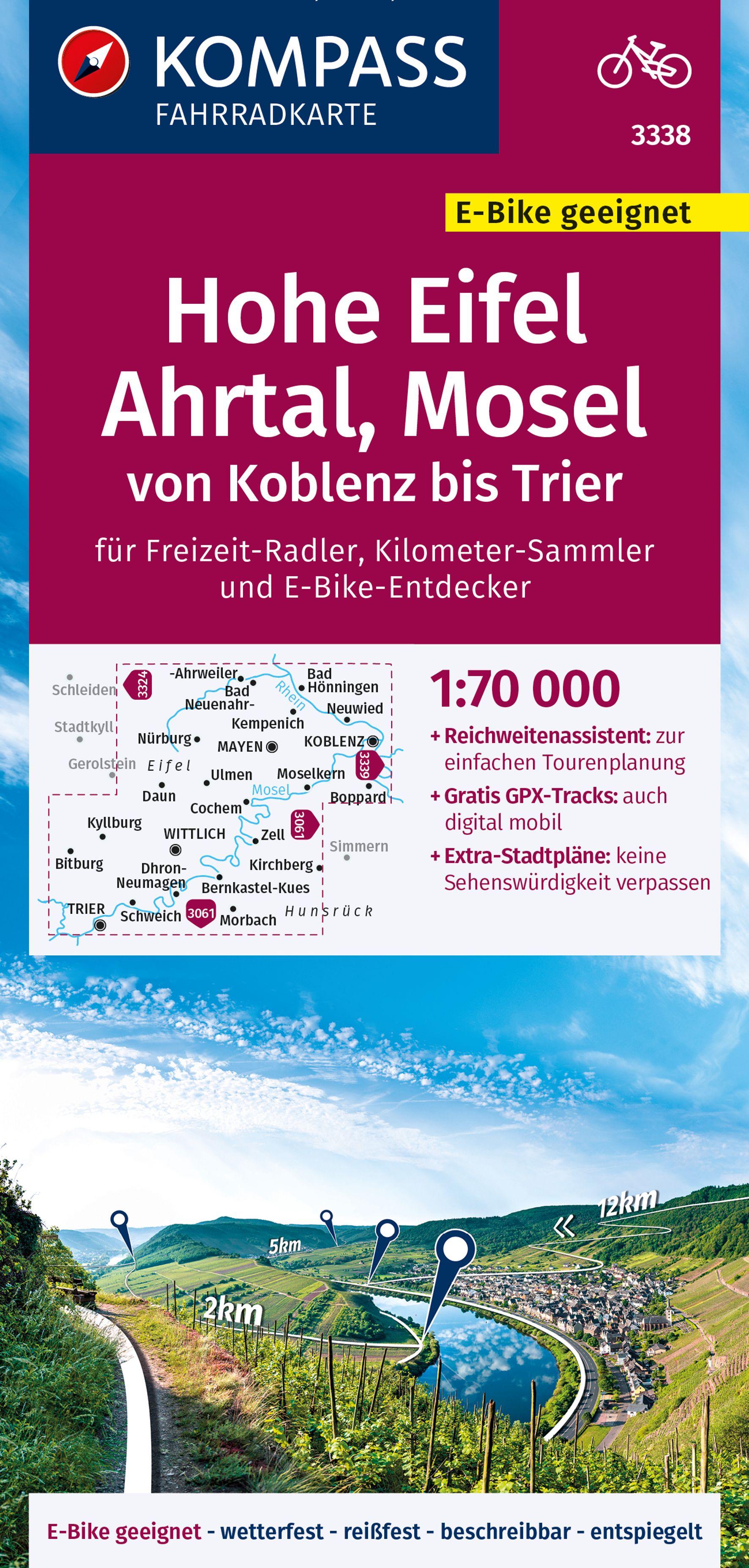 Vorderes Coverbild KOMPASS Fahrradkarte 3338 Hohe Eifel, Ahrtal, Mosel, von Koblenz bis Trier 1:70.000