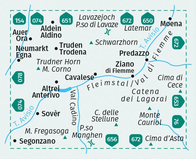 Beispielinhalt (Bild) KOMPASS Wanderkarte 655 Fleimstal / Val di Fiemme, Lagorai, Latemar, Trudner Horn, Monte Corno 1:25.000