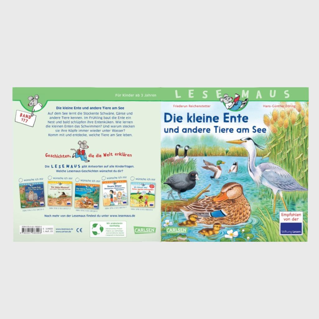 Beispielinhalt (Bild) LESEMAUS 177: Die kleine Ente und andere Tiere am See
