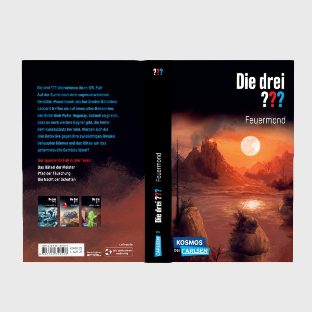 Beispielinhalt (Bild) Die drei ???: Feuermond. Dreifachband. (Enthält die Bände: Das Rätsel der Meister, Der Pfad der Täuschung, Die Nacht der Schatten)