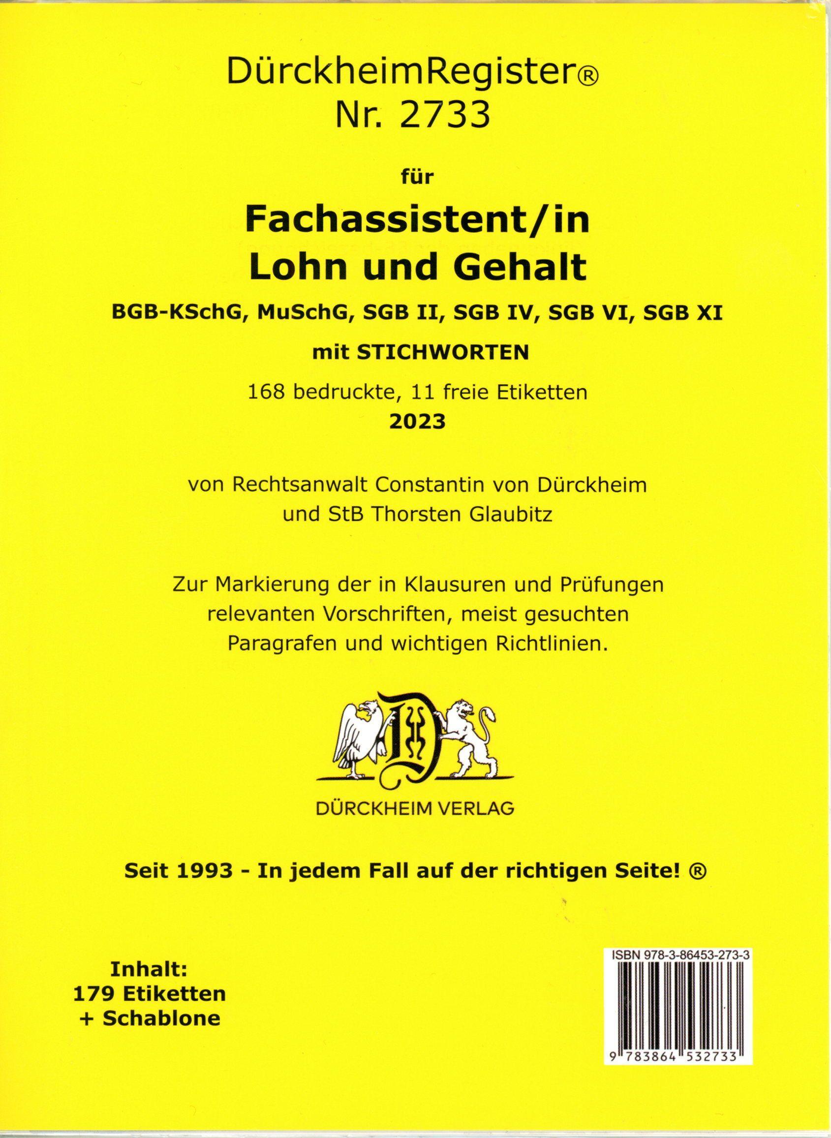 Vorderes Coverbild DürckheimRegister® - Fachassistent LOHN U GEHALT(ArbR-SGB) Nr. 2733 (2023)