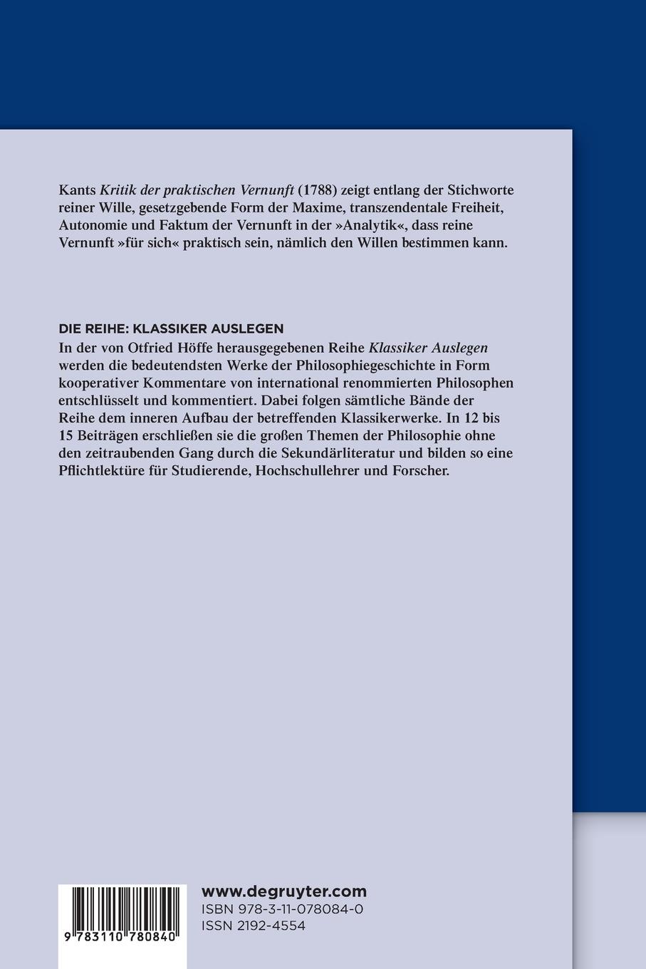 Rückseitencover Immanuel Kant: Kritik der praktischen Vernunft