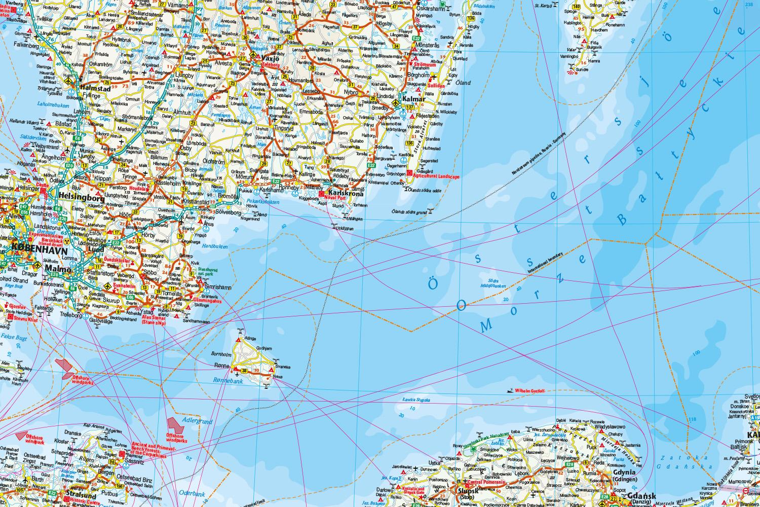 Beispielinhalt (Bild) Reise Know-How Landkarte Ostsee  1:1 300 000 mit Stadtplänen Danzig, Helsinki, Kopenhagen, Riga, St. Petersburg, Stockholm, Tallinn