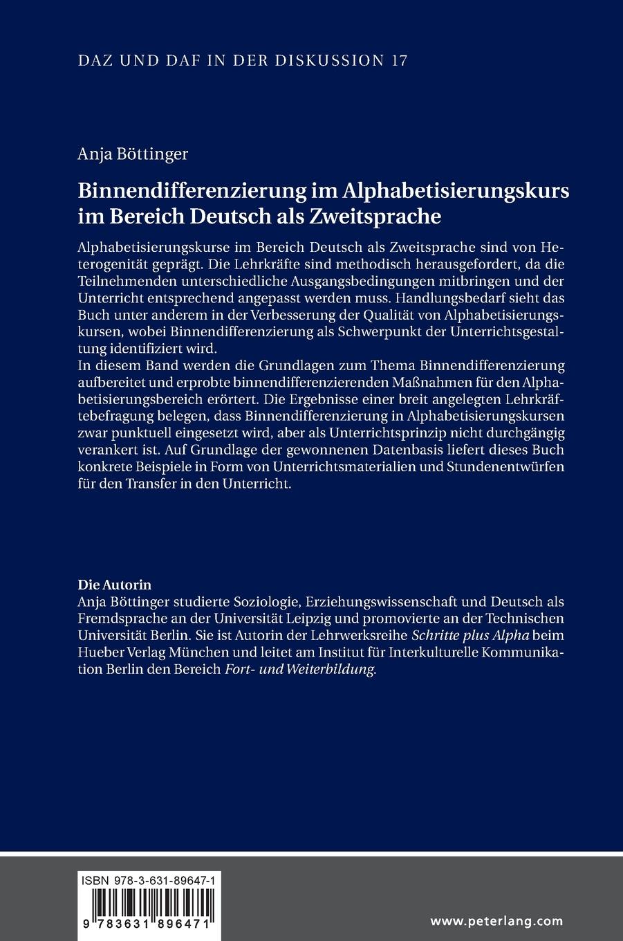 Rückseitencover Binnendifferenzierung im Alphabetisierungskurs im Bereich Deutsch als Zweitsprache