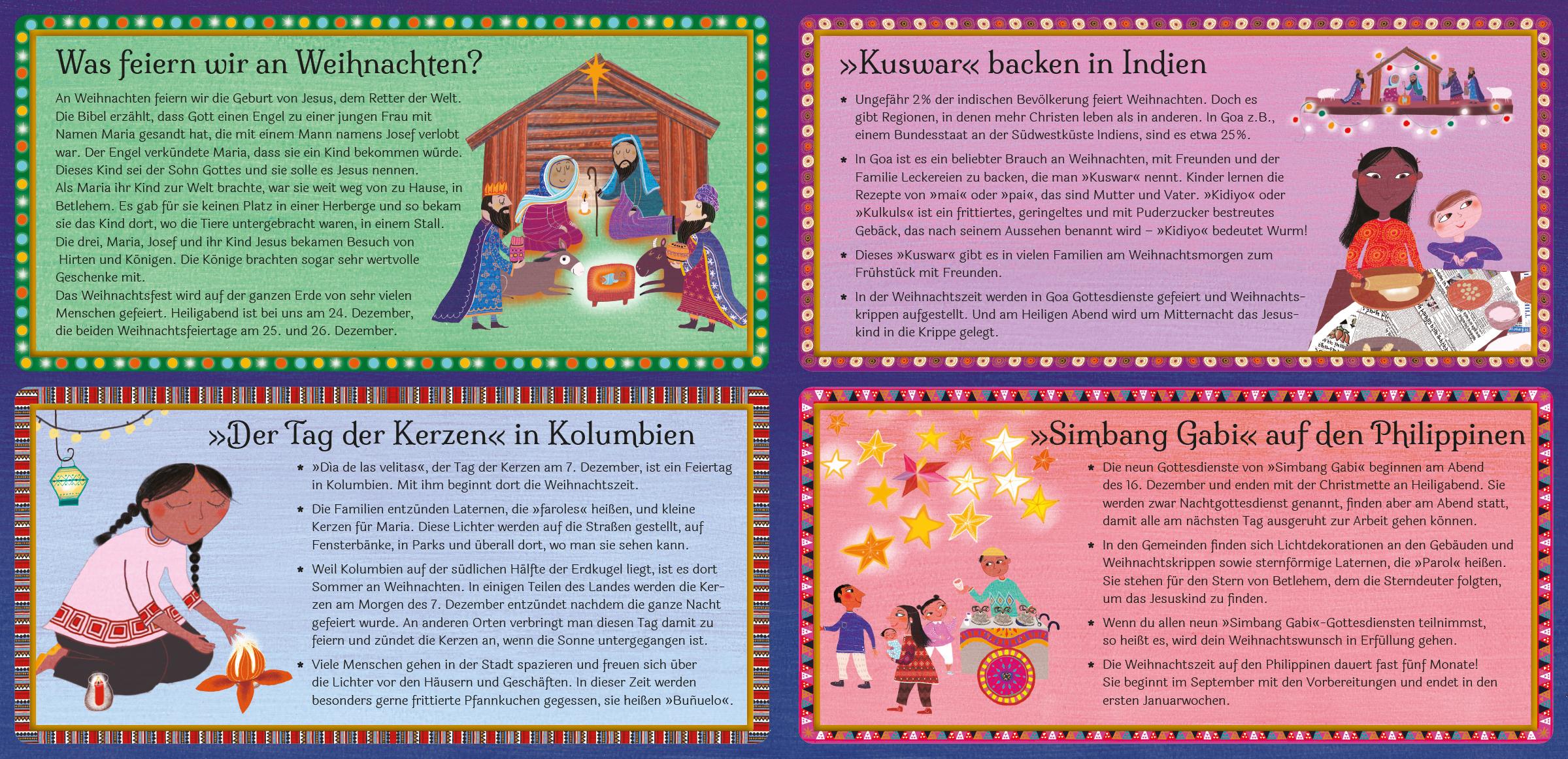 Beispielinhalt (Bild) Fröhliche Weihnachten in aller Welt. Lustige Kinderreime über Weihnachtsbräuche, Weihnachtsessen und Heiligabend: So feiern Familien Weihnachten. Bilderbuch ab 4 Jahren für die Vorweihnachtszeit