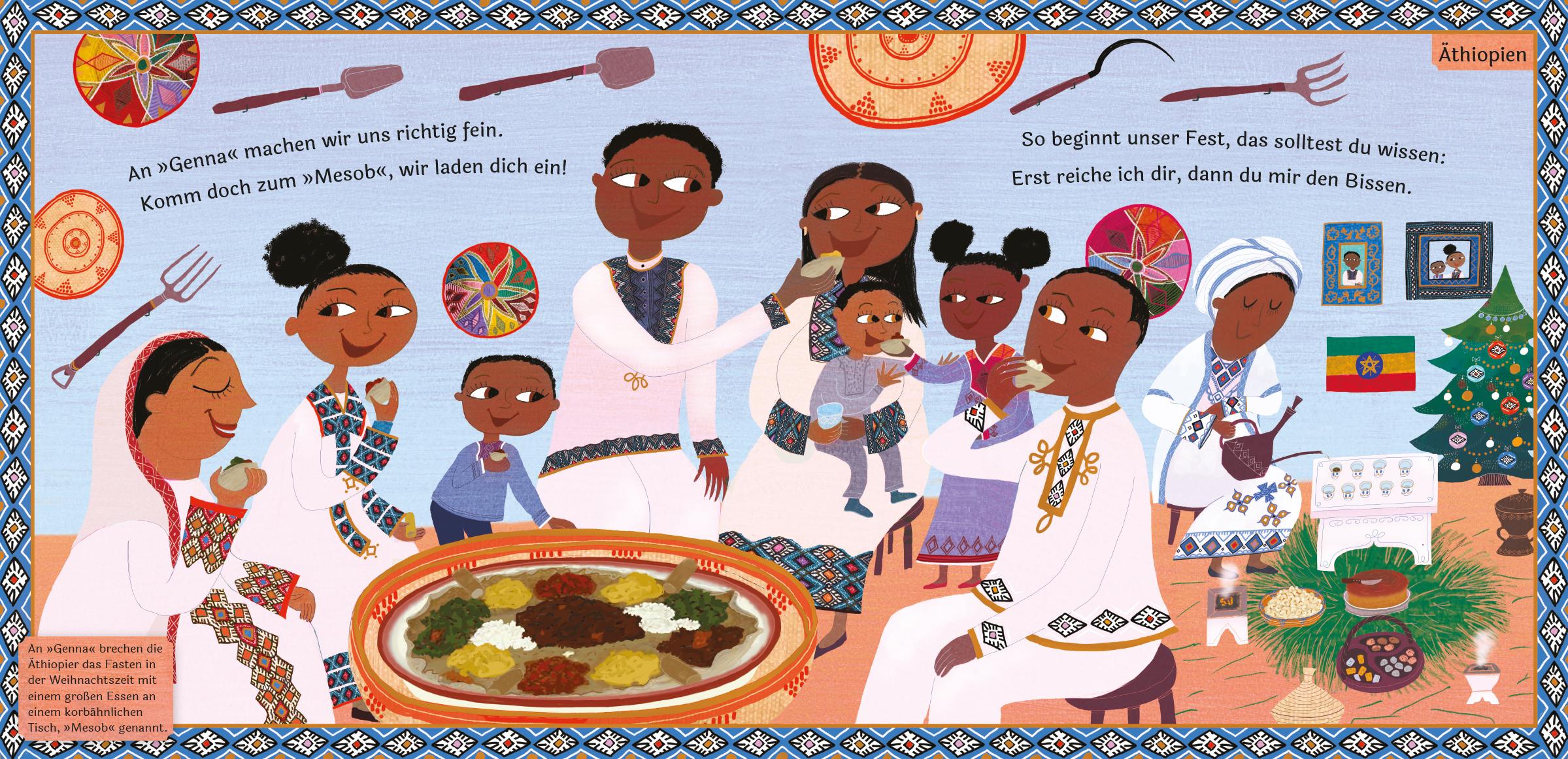 Beispielinhalt (Bild) Fröhliche Weihnachten in aller Welt. Lustige Kinderreime über Weihnachtsbräuche, Weihnachtsessen und Heiligabend: So feiern Familien Weihnachten. Bilderbuch ab 4 Jahren für die Vorweihnachtszeit