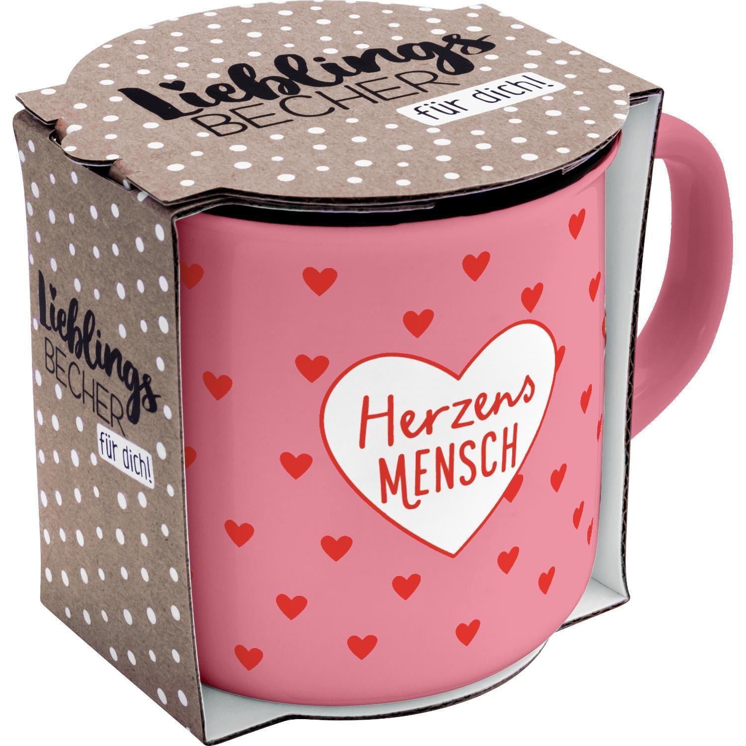 Beispielinhalt (Bild) Becher in Emaille-Optik "Herzensmensch"