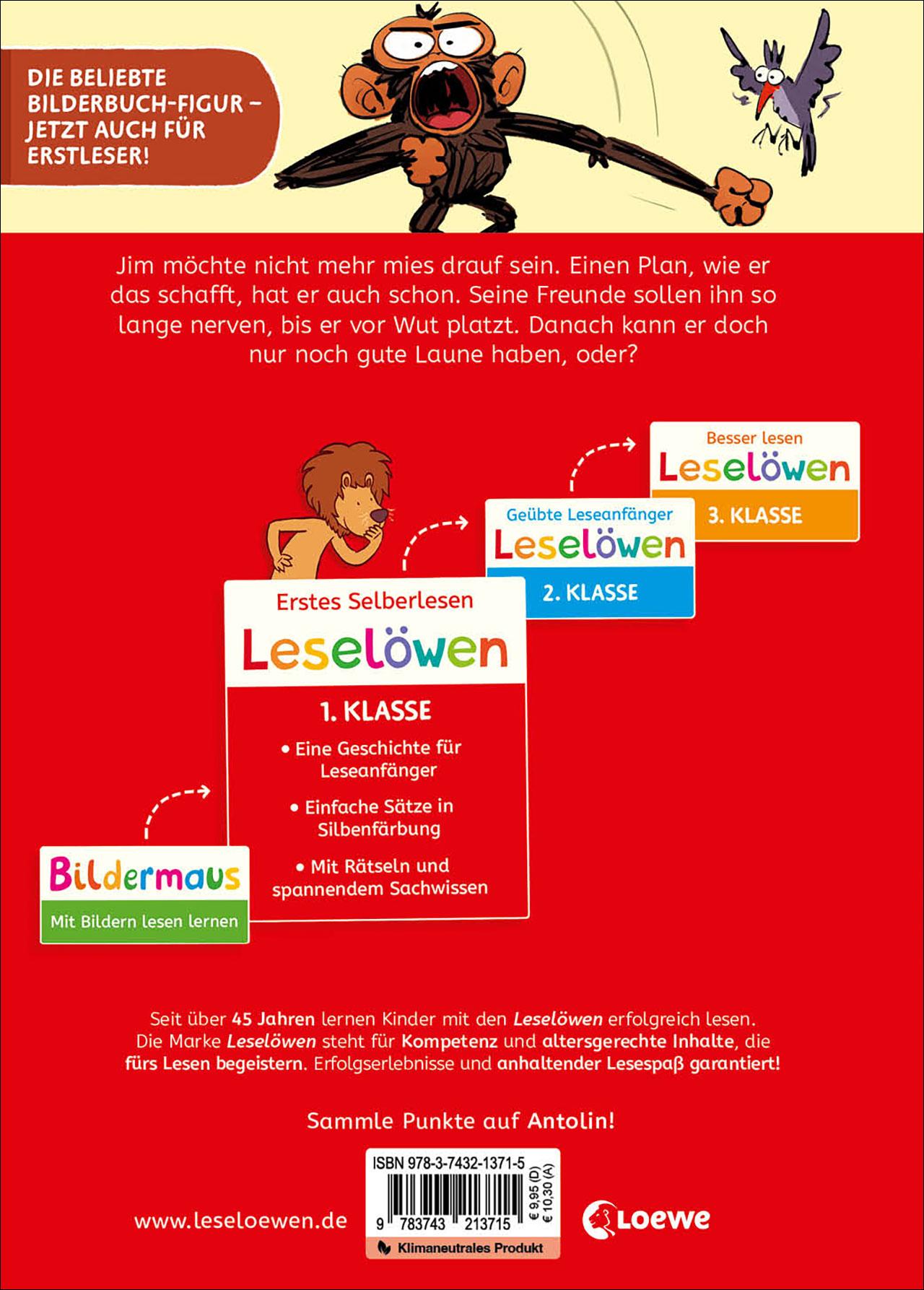 Rückseitencover Leselöwen 1. Klasse - Jim ist mies drauf - Wer braucht schon gute Laune?