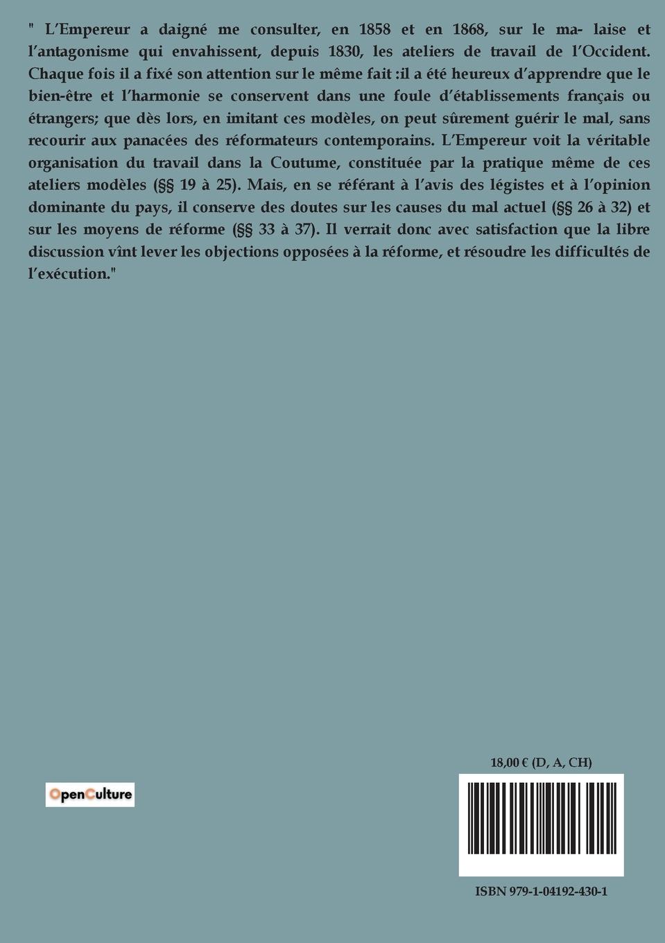 Rückseitencover L'organisation du travail, selon la coutume des ateliers et la loi du Décalogue