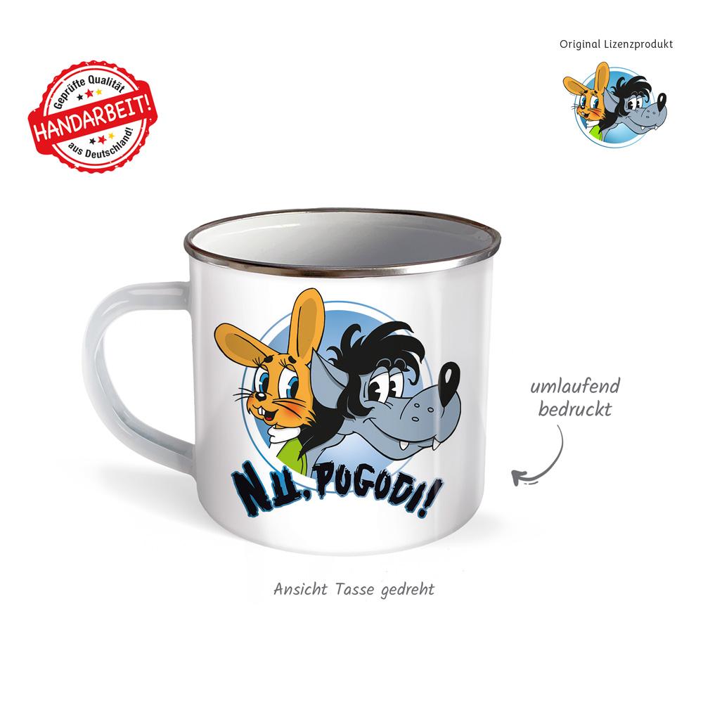 Beispielinhalt (Bild) Trötsch Tasse Hase & Wolf Nu pogodi Nu pagadi Emaillebecher