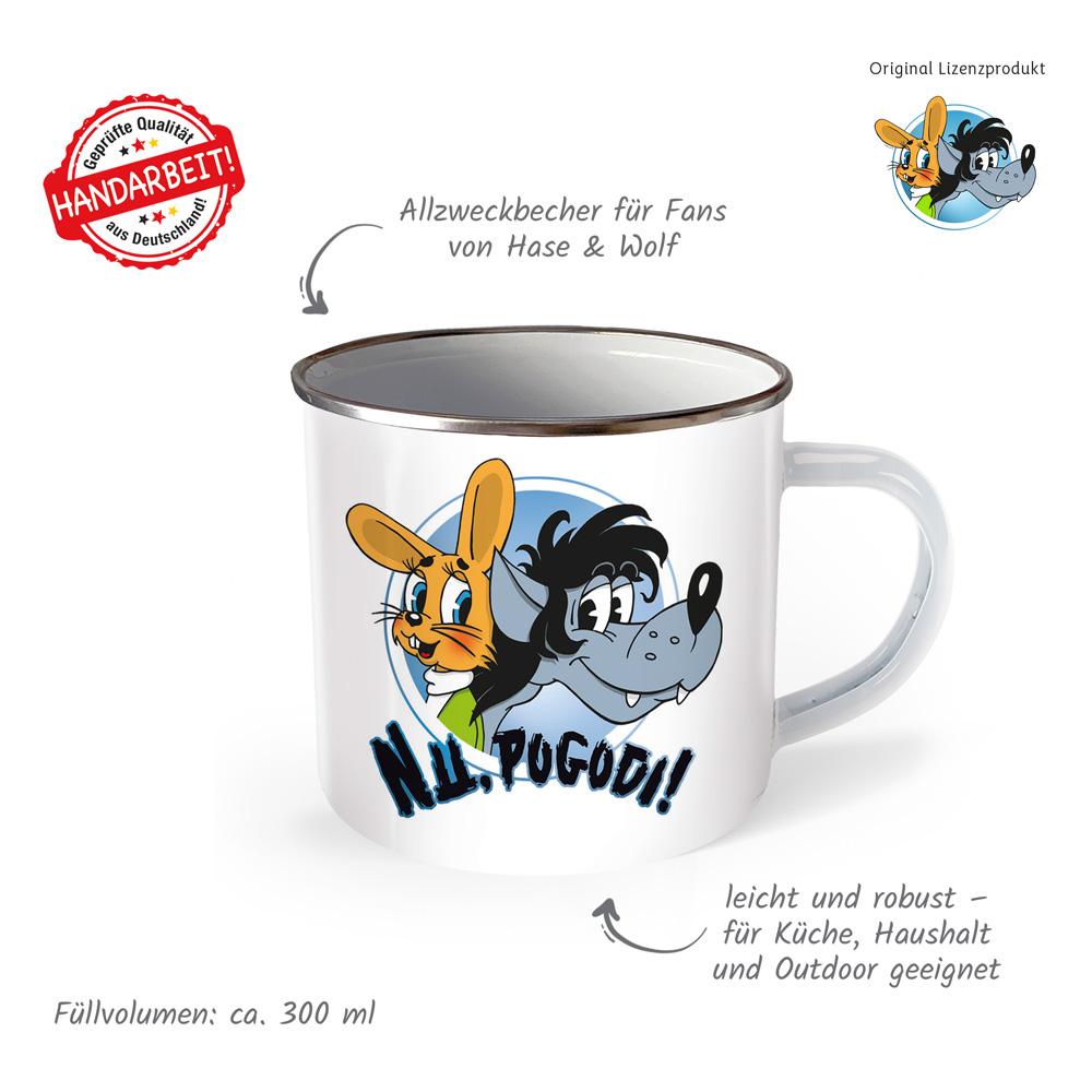 Beispielinhalt (Bild) Trötsch Tasse Hase & Wolf Nu pogodi Nu pagadi Emaillebecher