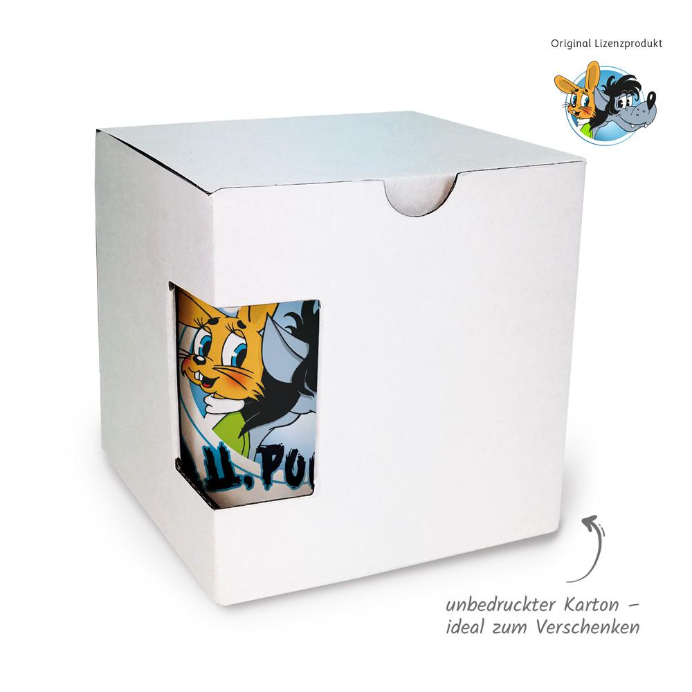 Beispielinhalt (Bild) Trötsch Tasse Hase & Wolf Nu pogodi Nu pagadi Keramiktasse weiß/blau