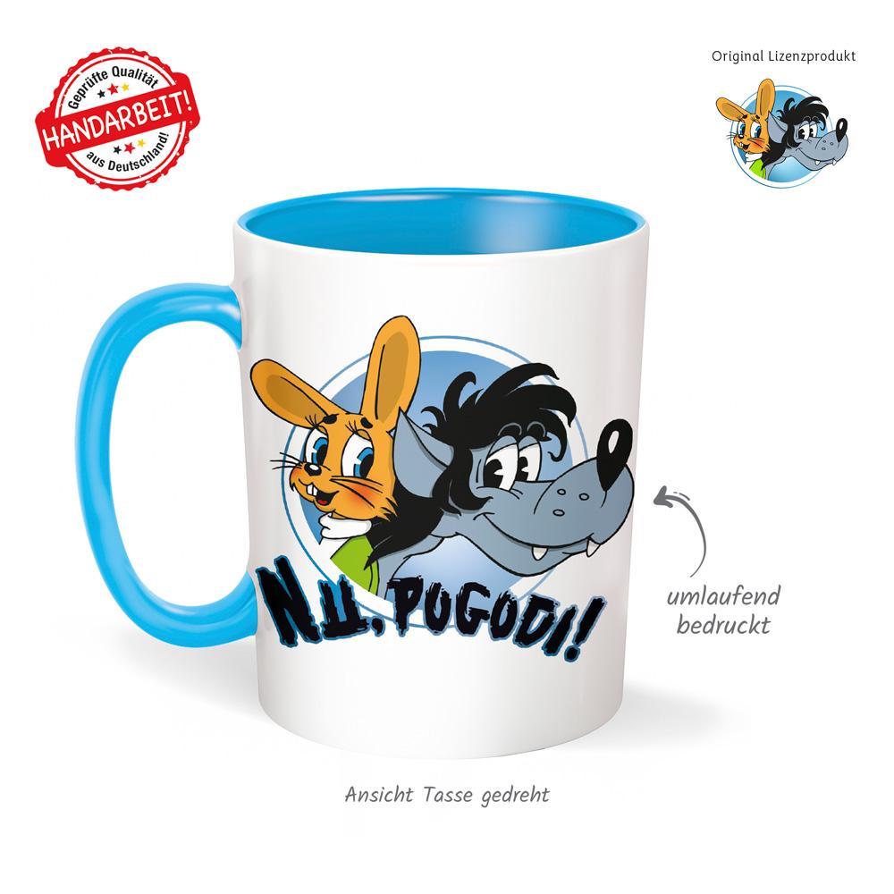 Beispielinhalt (Bild) Trötsch Tasse Hase & Wolf Nu pogodi Nu pagadi Keramiktasse weiß/blau