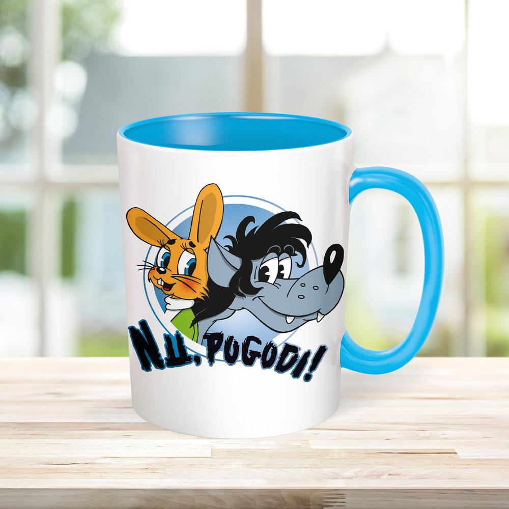 Beispielinhalt (Bild) Trötsch Tasse Hase & Wolf Nu pogodi Nu pagadi Keramiktasse weiß/blau