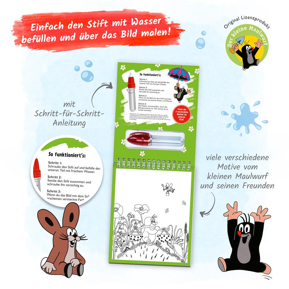 Beispielinhalt (Bild) Trötsch Der kleine Maulwurf Zaubermalspaß mit Wasserstift Malblock