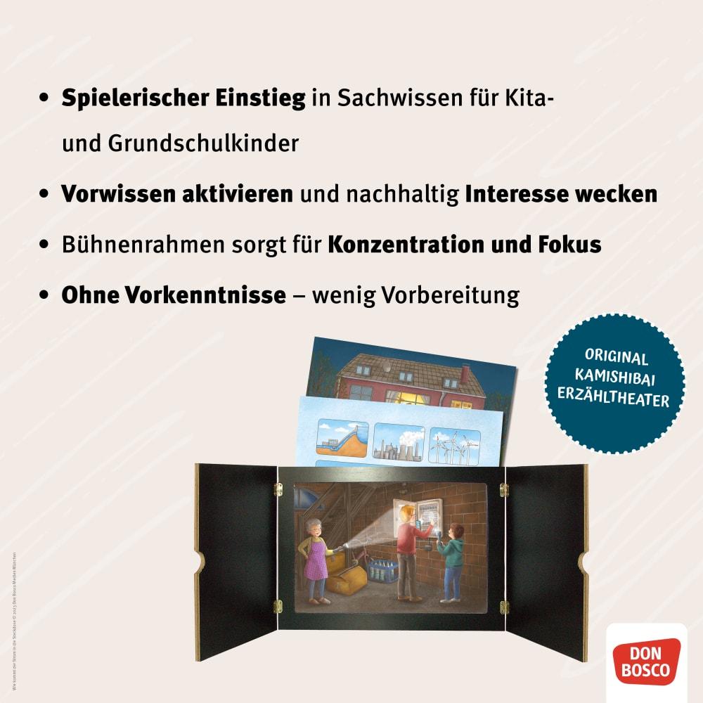 Beispielinhalt (Bild) Wie kommt der Strom in die Steckdose? Von Elektrizität und Stromerzeugung. Kamishibai Bildkartenset