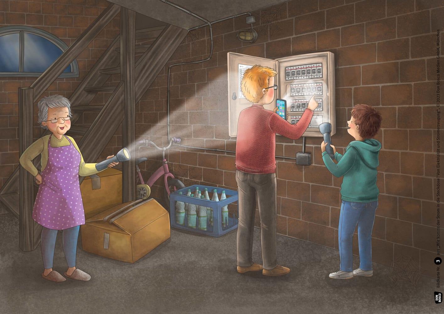 Beispielinhalt (Bild) Wie kommt der Strom in die Steckdose? Von Elektrizität und Stromerzeugung. Kamishibai Bildkartenset