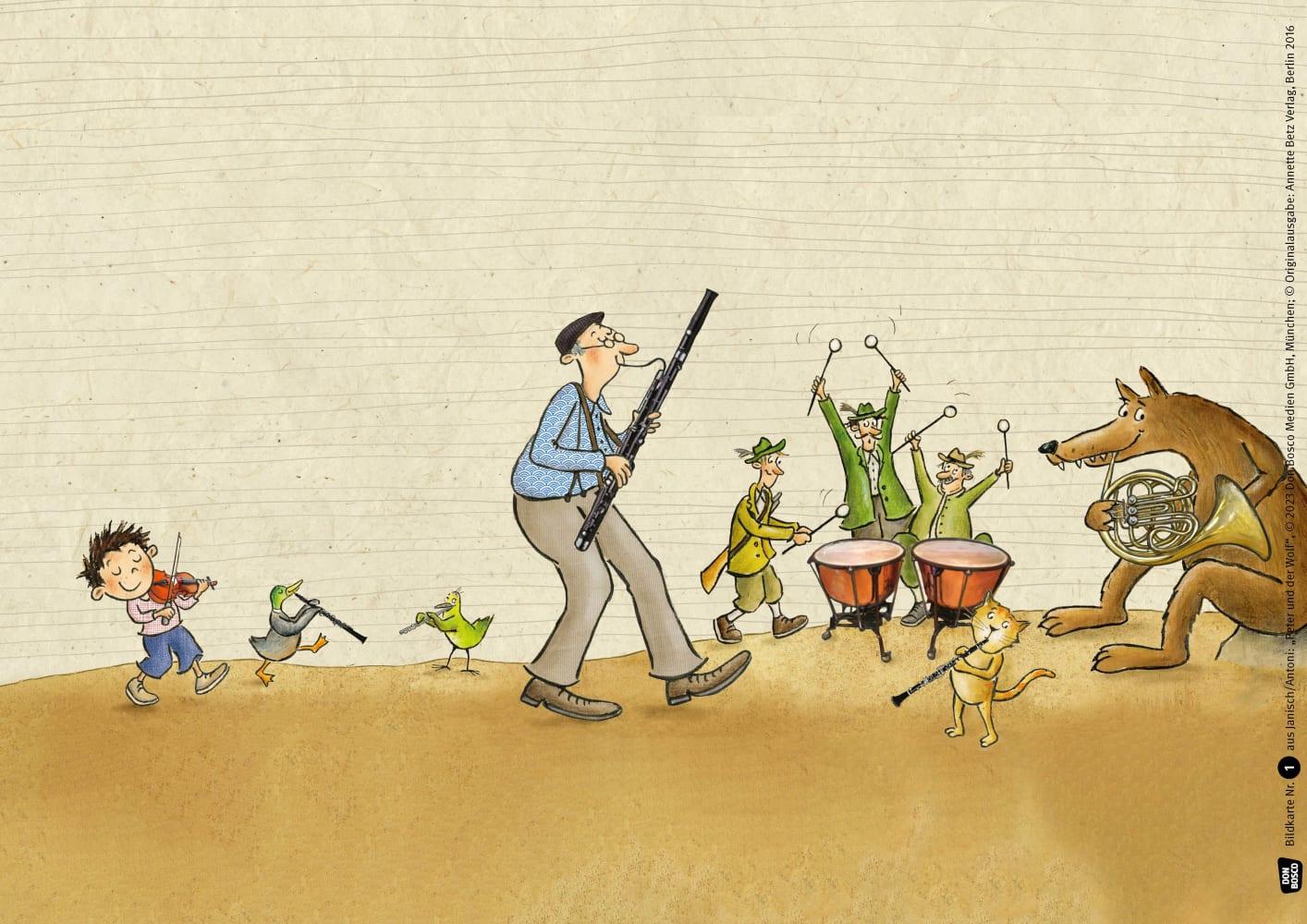 Beispielinhalt (Bild) Peter und der Wolf. Ein musikalisches Märchen von Sergej Prokofjew. Kamishibai Bildkartenset