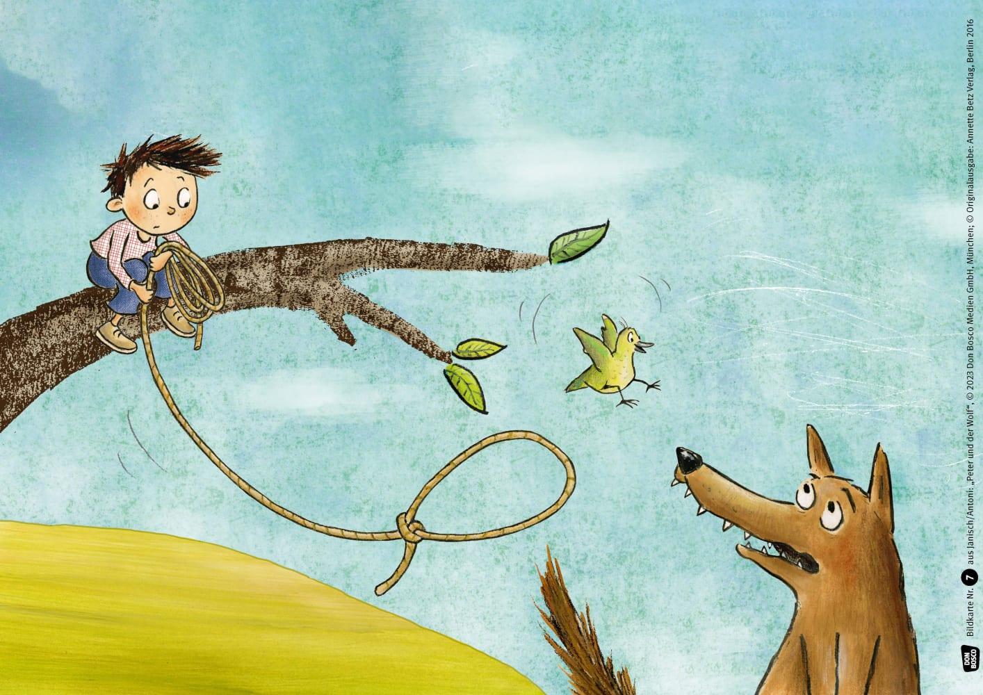 Beispielinhalt (Bild) Peter und der Wolf. Ein musikalisches Märchen von Sergej Prokofjew. Kamishibai Bildkartenset