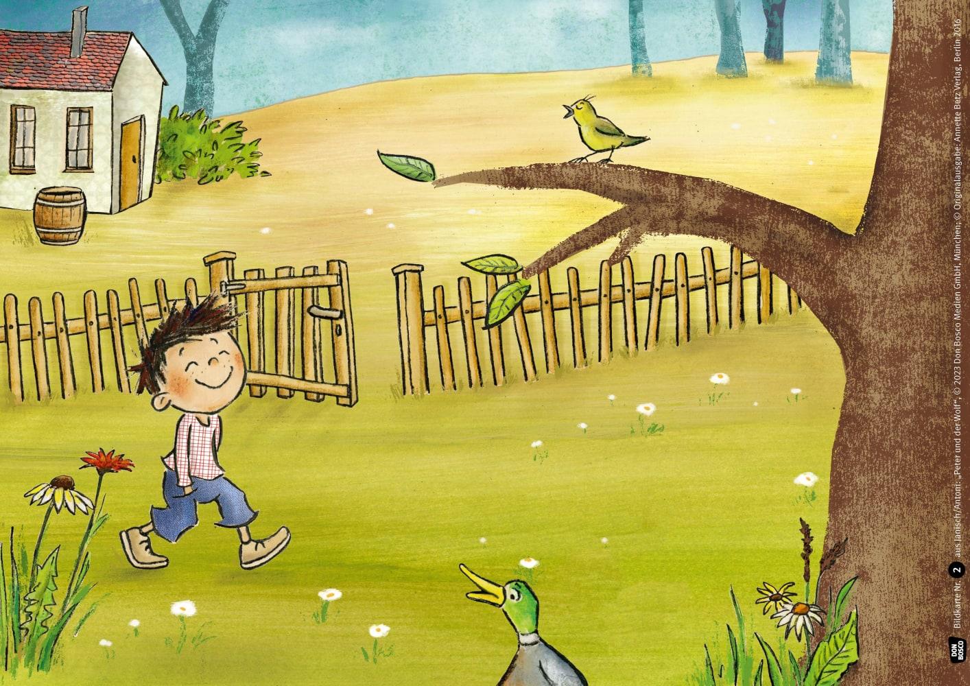 Beispielinhalt (Bild) Peter und der Wolf. Ein musikalisches Märchen von Sergej Prokofjew. Kamishibai Bildkartenset