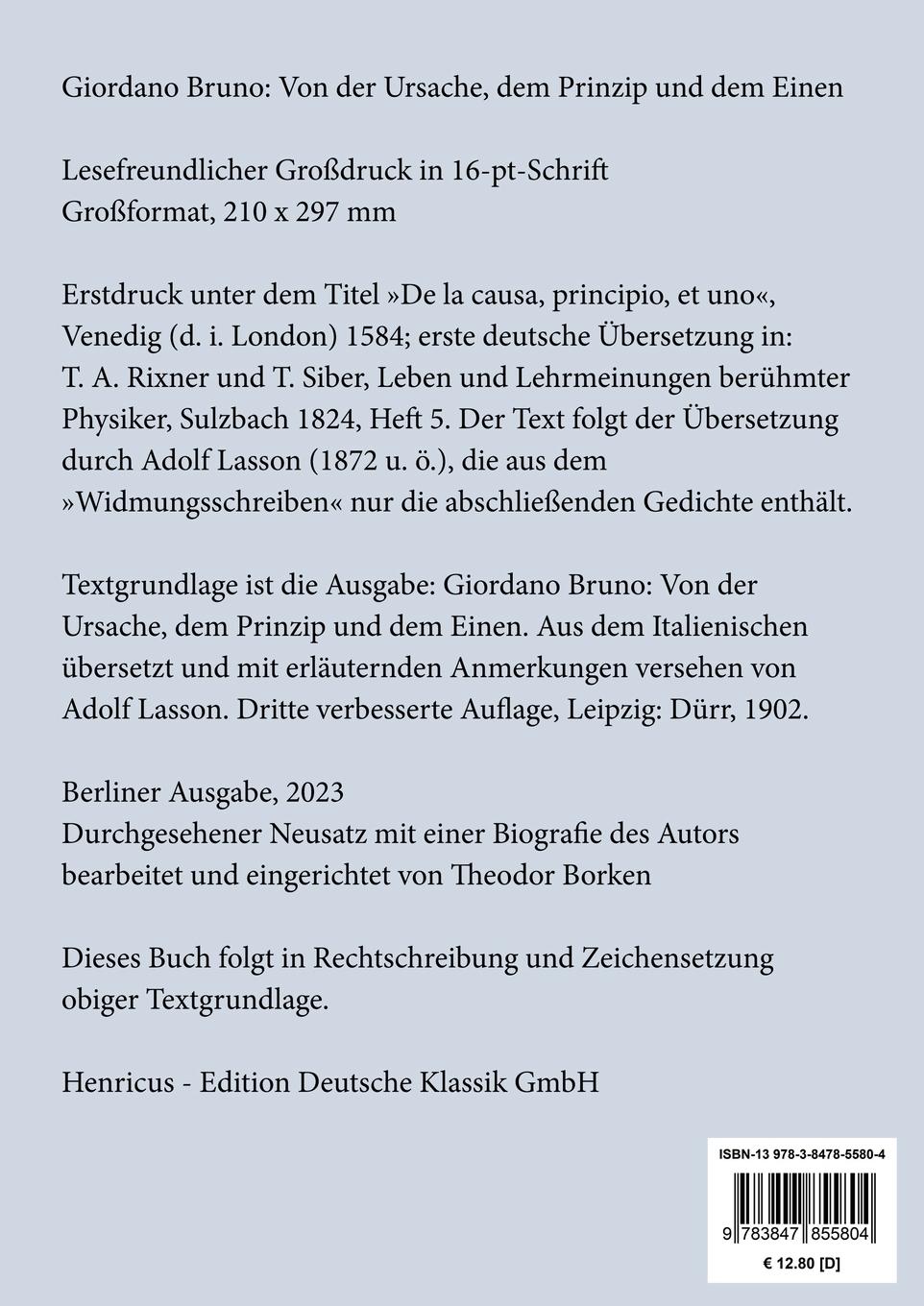 Rückseitencover Von der Ursache, dem Prinzip und dem Einen (Großdruck)