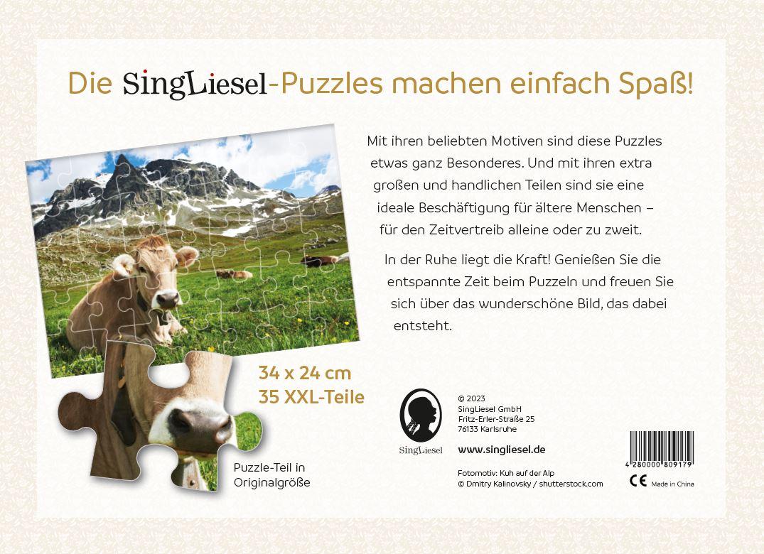 Rückseitencover Demenz-Puzzle: Alpen. Das Demenz-Puzzle-Spiel mit 35 Puzzle-Teilen im XXL-Format.
