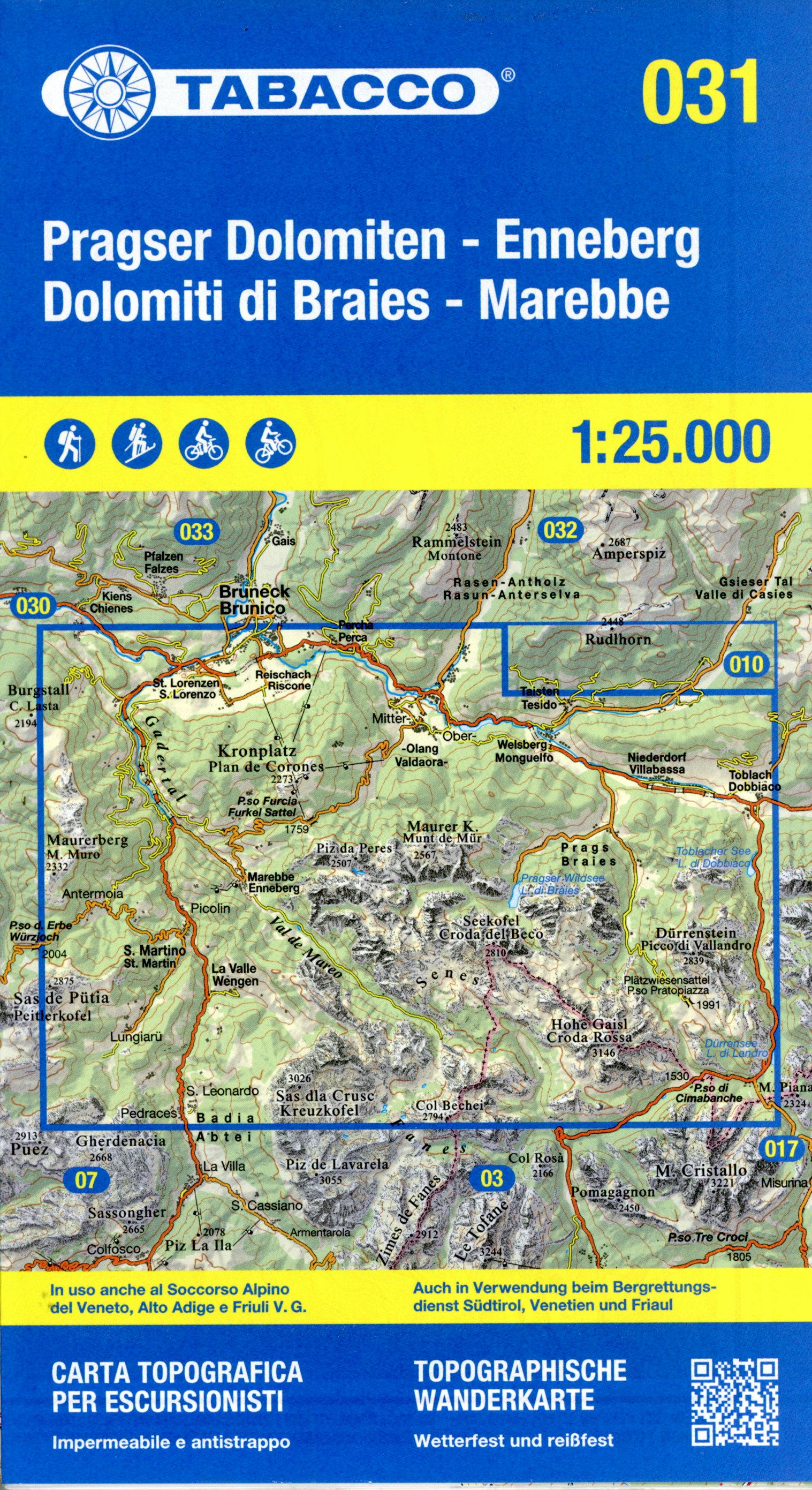 Vorderes Coverbild Tabacco Wandern Pragser Dolomiten 1:25000