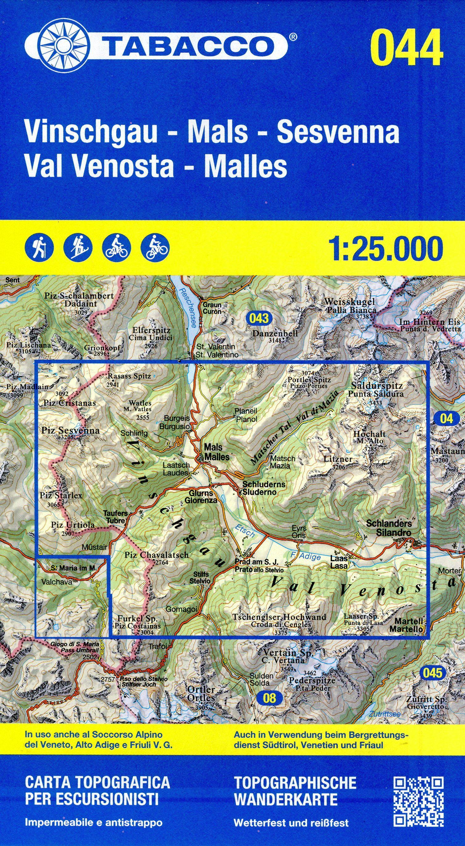 Vorderes Coverbild Tabacco Wandern Vinschgau-Mals-Sesvenna-Val Venosta-Malles 1:25000