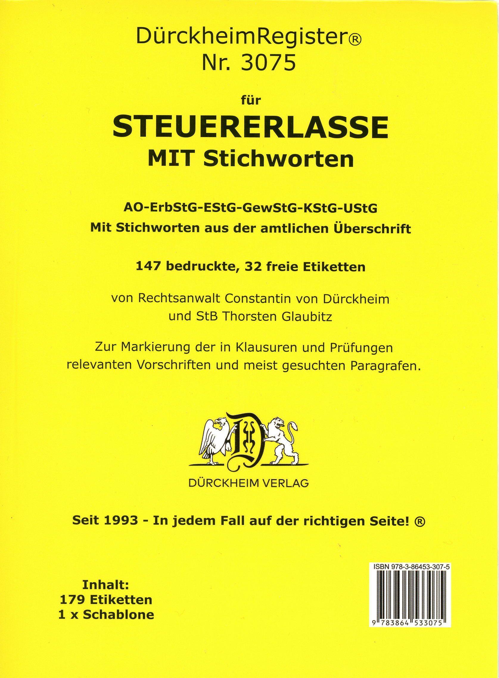 Vorderes Coverbild DürckheimRegister® STEUERERLASSE MIT Stichworten (2023)