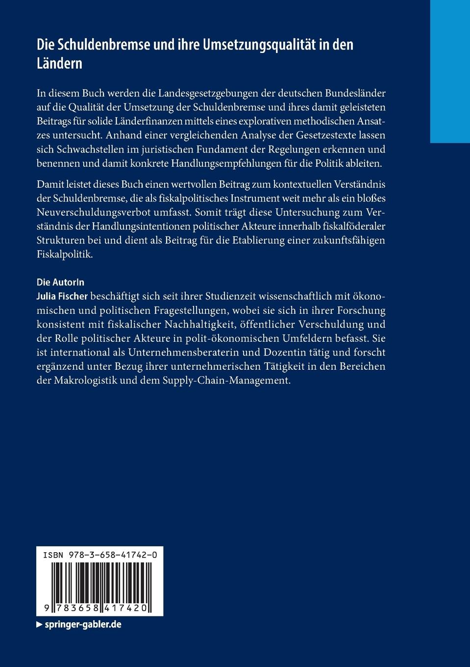 Rückseitencover Die Schuldenbremse und ihre Umsetzungsqualität in den Ländern