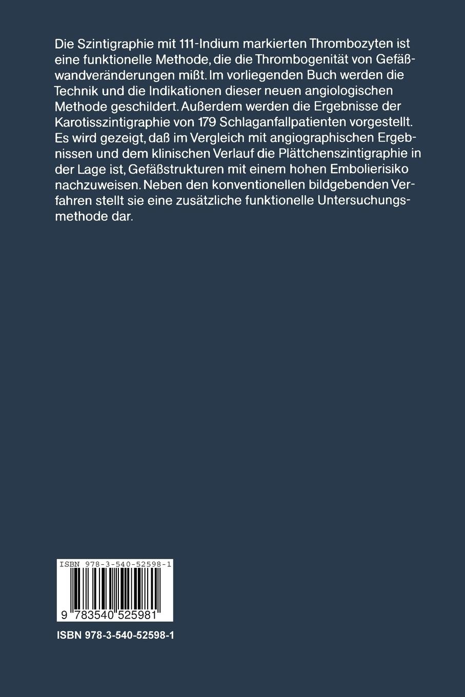 Rückseitencover Thrombozytenszintigraphie bei zerebrovaskulären Erkrankungen