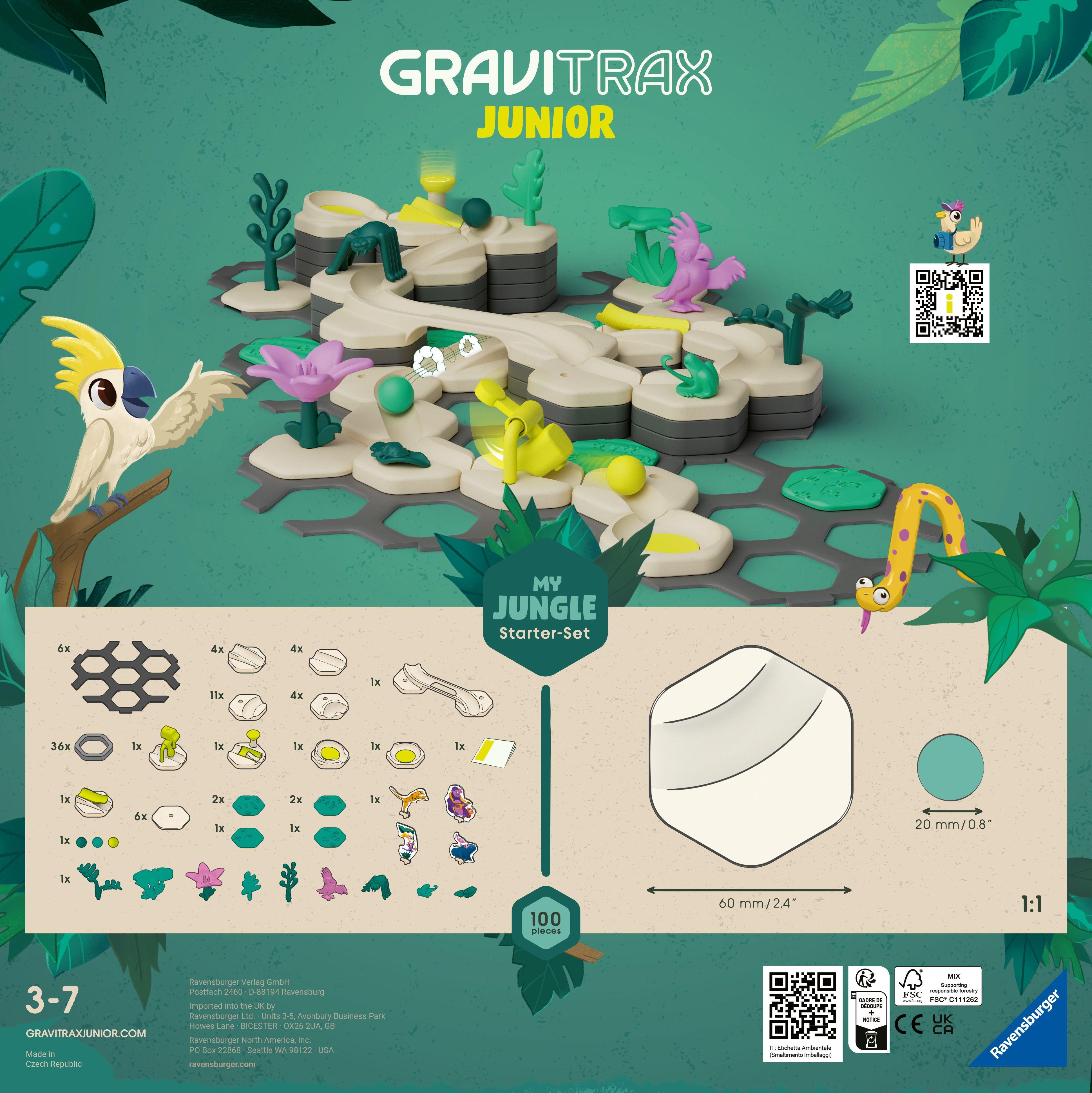 Beispielinhalt (Bild) Ravensburger GraviTrax Junior Starter-Set L Jungle -Erweiterbare Kugelbahn für Kinder, Murmelbahn überwiegend aus nachwachsenden Rohstoffen mit Themenwelten, Lernspielzeug & Konstruktionsspielzeug ab 3 Jahren