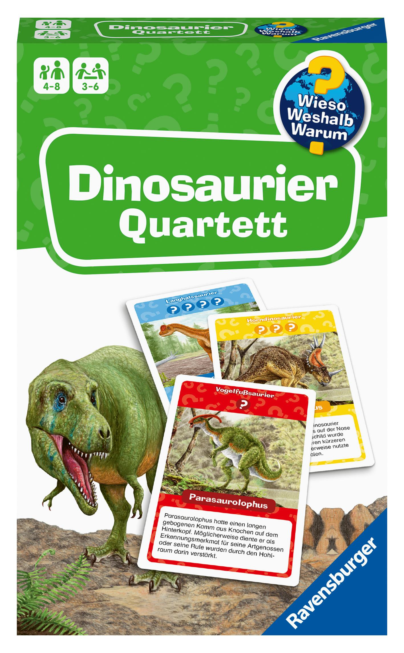 Vorderes Coverbild Ravensburger 22359 Wieso? Weshalb? Warum? Dinosaurier Quartett - Mitbringspiel mit detailreich gestalteten Karten zu spannenden Saurier-Arten, informativen Texten und einer weiteren Spielvariante