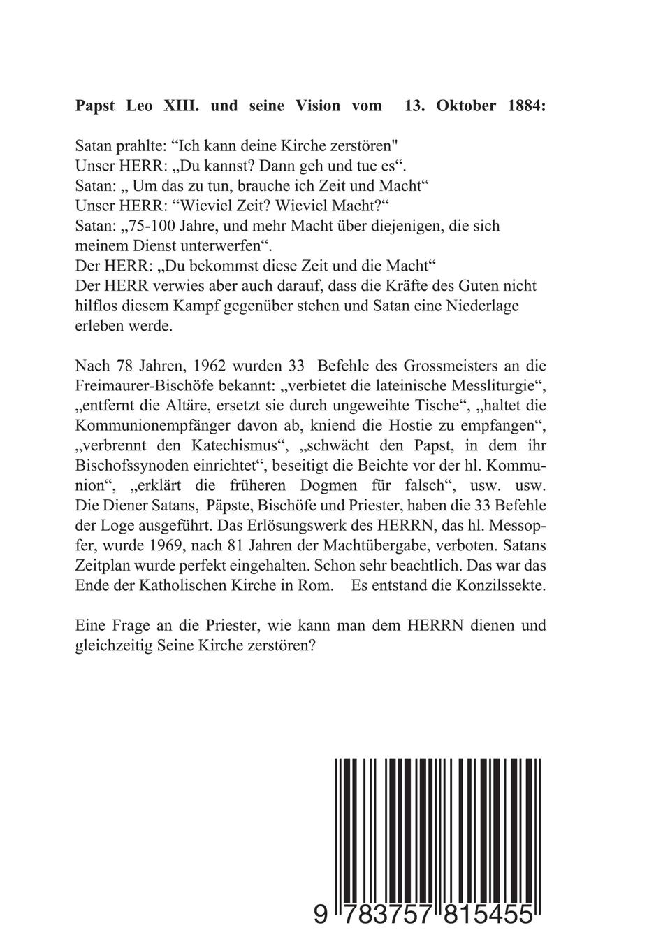 Rückseitencover PAPST LEO XIII. VISION VOM 13. OKT. 1884