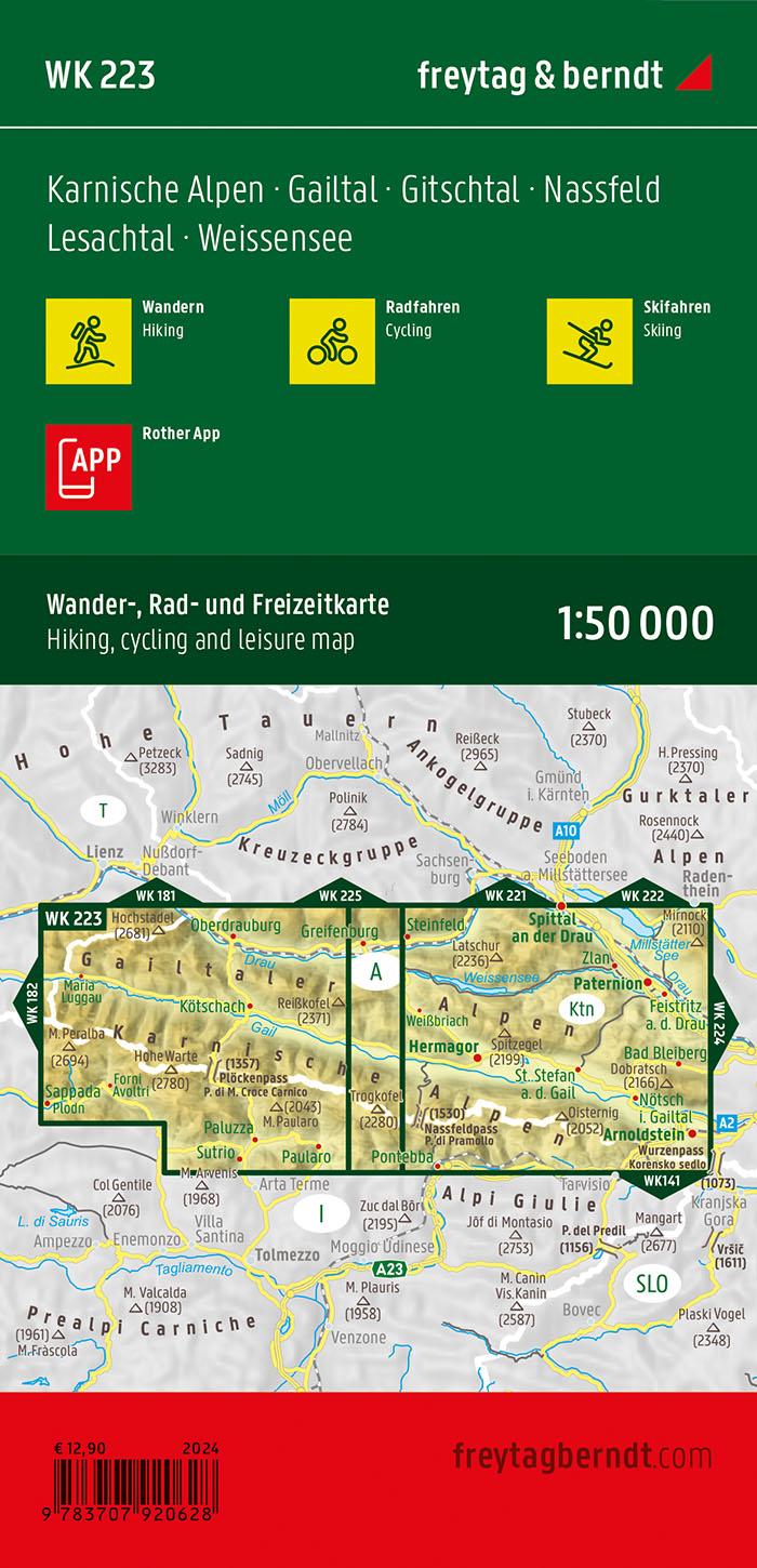 Rückseitencover freytag & berndt Wanderkarte WK 223 Karnische Alpen, Gailtal - Gitschtal - Nassfeld - Lesachtal - Weissensee 1:50.000