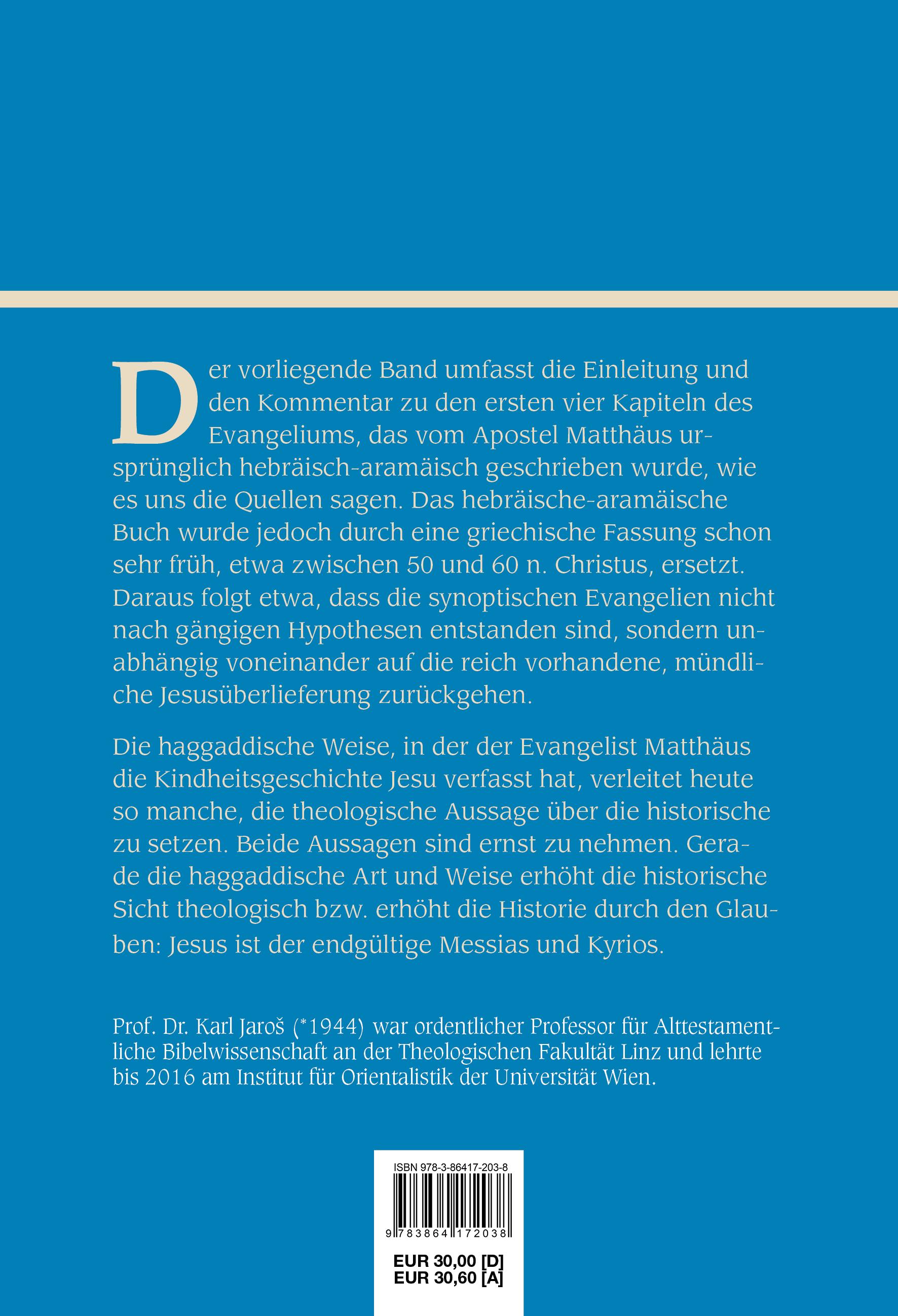 Rückseitencover Das Evangelium nach Matthäus Band I: Einleitung und Kommentar
