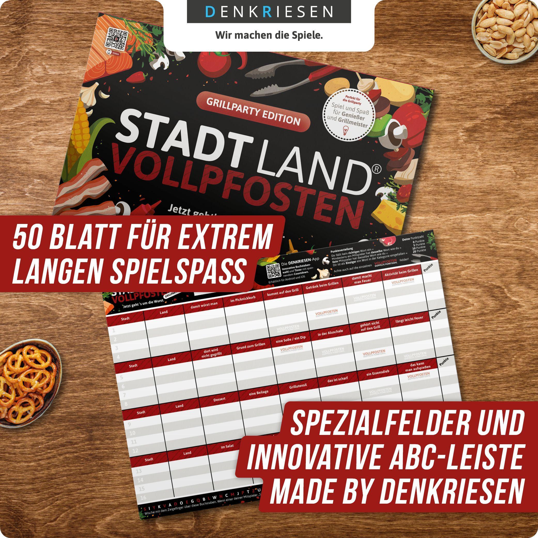 Beispielinhalt (Bild) DENKRIESEN - STADT LAND VOLLPFOSTEN® - GRILLPARTY EDITION - "Jetzt geht's um die Wurst." - A4