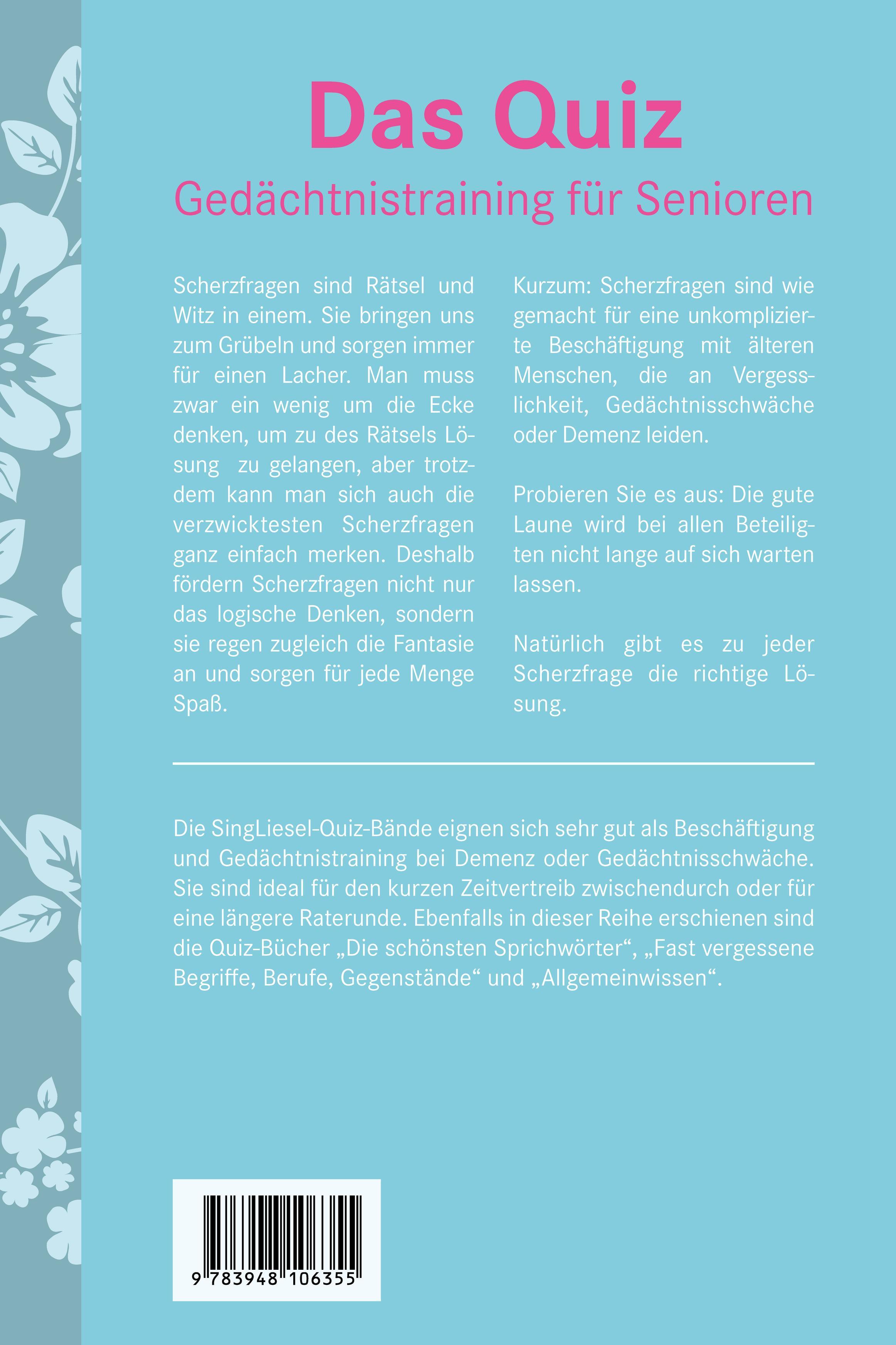 Beispielinhalt (Bild) Heitere Scherzfragen. Das Gedächtnistraining-Quiz für Senioren. Ideal als Beschäftigung, Gedächtnistraining, Aktivierung bei Demenz.