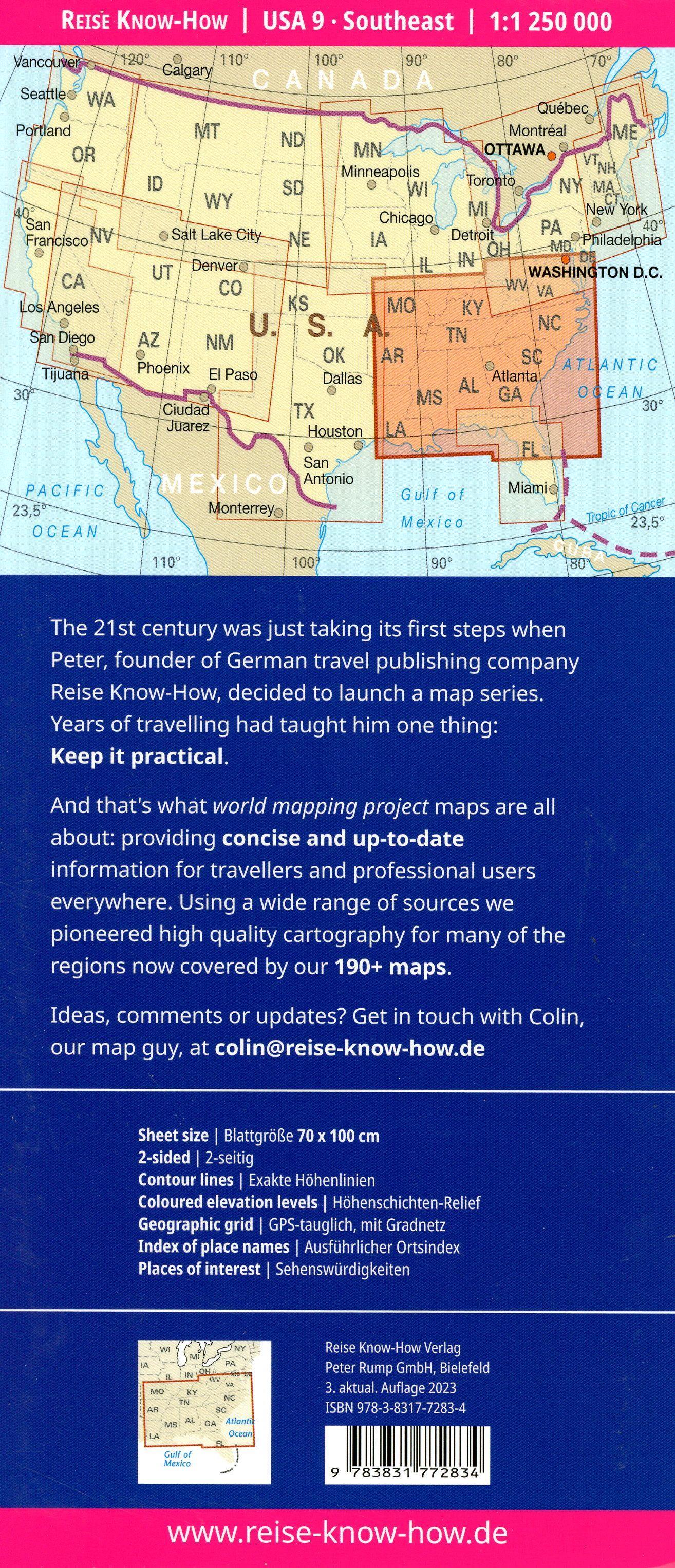 Beispielinhalt (Bild) Reise Know-How Landkarte USA 9 Südost 1 : 1.250.000: Missouri, Kentucky, West Virginia, South Carolina, ...
