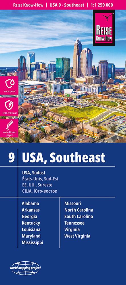 Vorderes Coverbild Reise Know-How Landkarte USA 9 Südost 1 : 1.250.000: Missouri, Kentucky, West Virginia, South Carolina, ...
