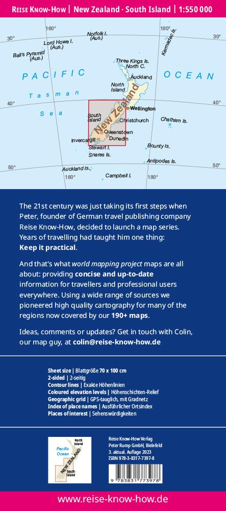Rückseitencover Reise Know-How Landkarte Neuseeland, Südinsel (1:550.000)