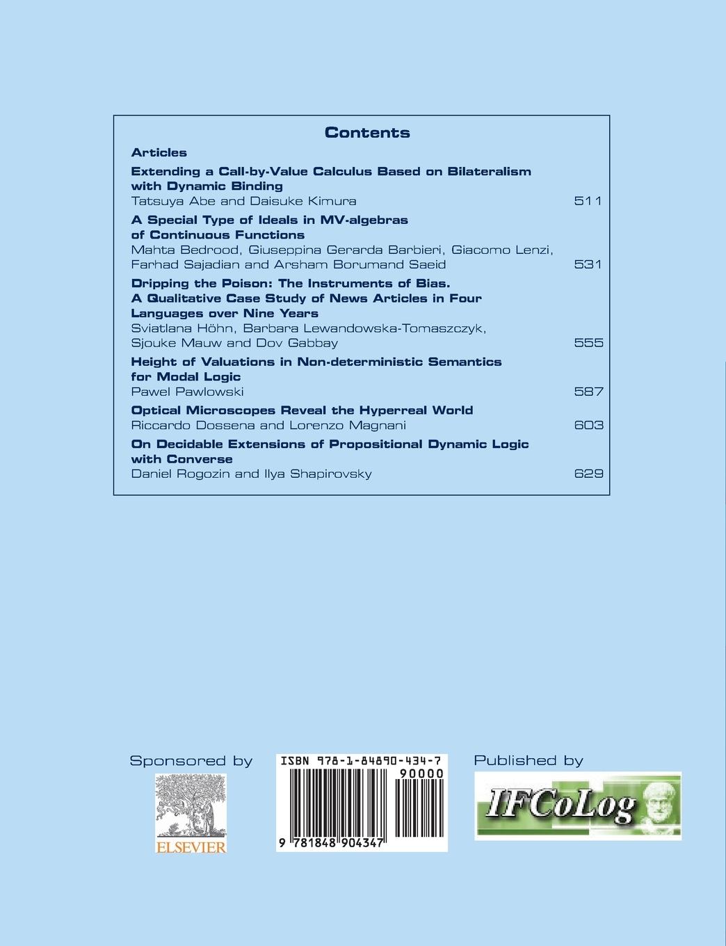 Rückseitencover Journal of Applied Logics.  IfCoLog Journal of Logics and their Applications. Volume 10, number 4, July 2023