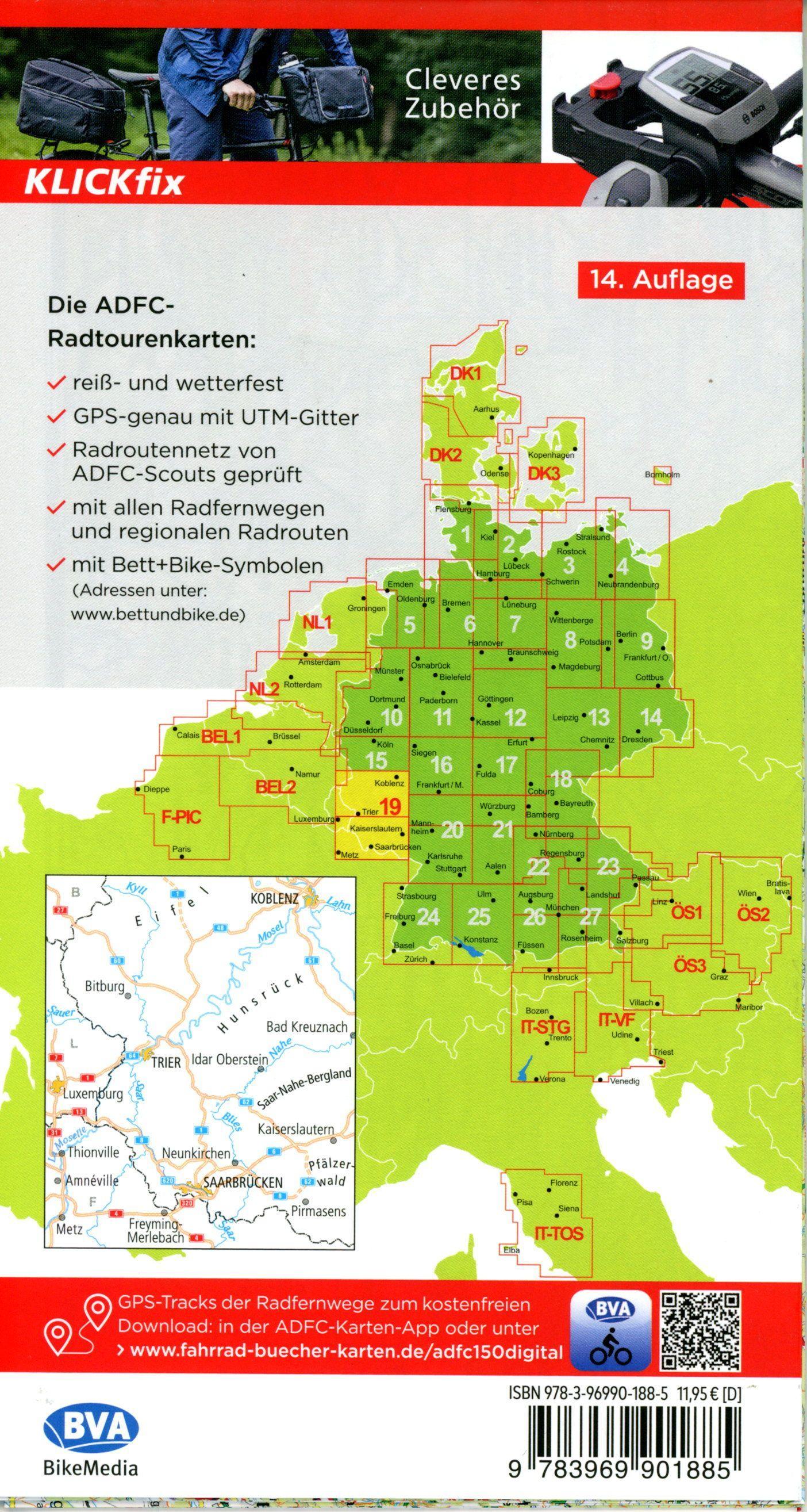 Vorderes Coverbild ADFC-Radtourenkarte 19 Saarland /Mosel 1:150.000, reiß- und wetterfest, E-Bike geeignet, GPS-Tracks Download, mit Bett+Bike Symbolen, mit Kilometer-Angaben