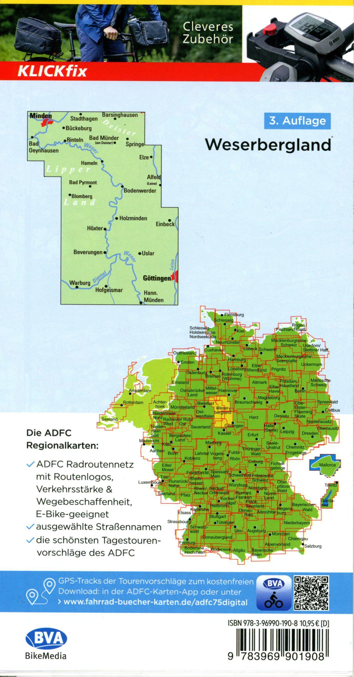 Vorderes Coverbild ADFC-Regionalkarte Weserbergland, 1:75.000, mit Tagestourenvorschlägen, reiß- und wetterfest, E-Bike-geeignet, GPS-Tracks Download