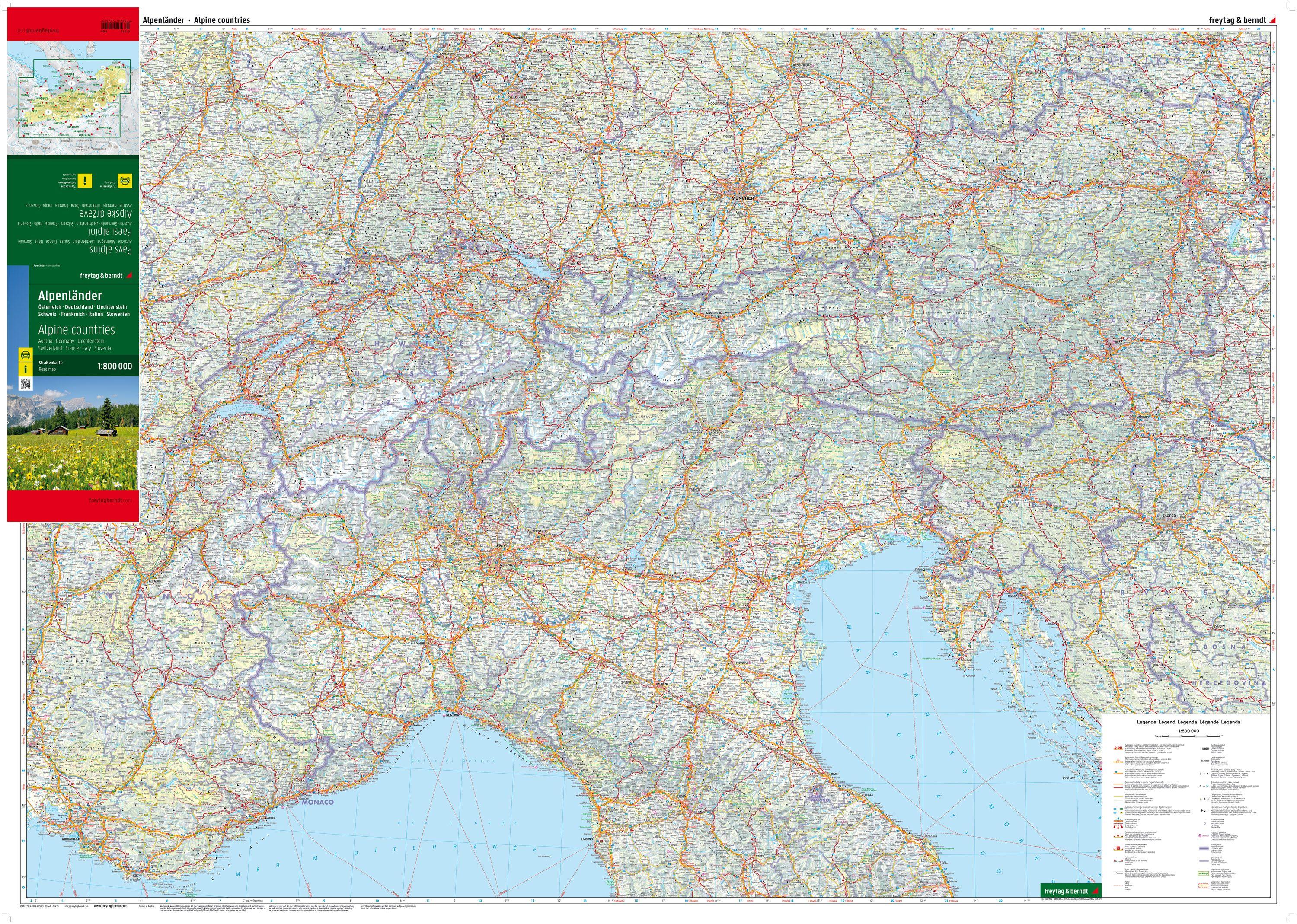 Beispielinhalt (Bild) freytag & berndt Straßenkarte Alpenländer, Österreich - Deutschland - Schweiz - Frankreich - Italien - Slowenien 1:800.000