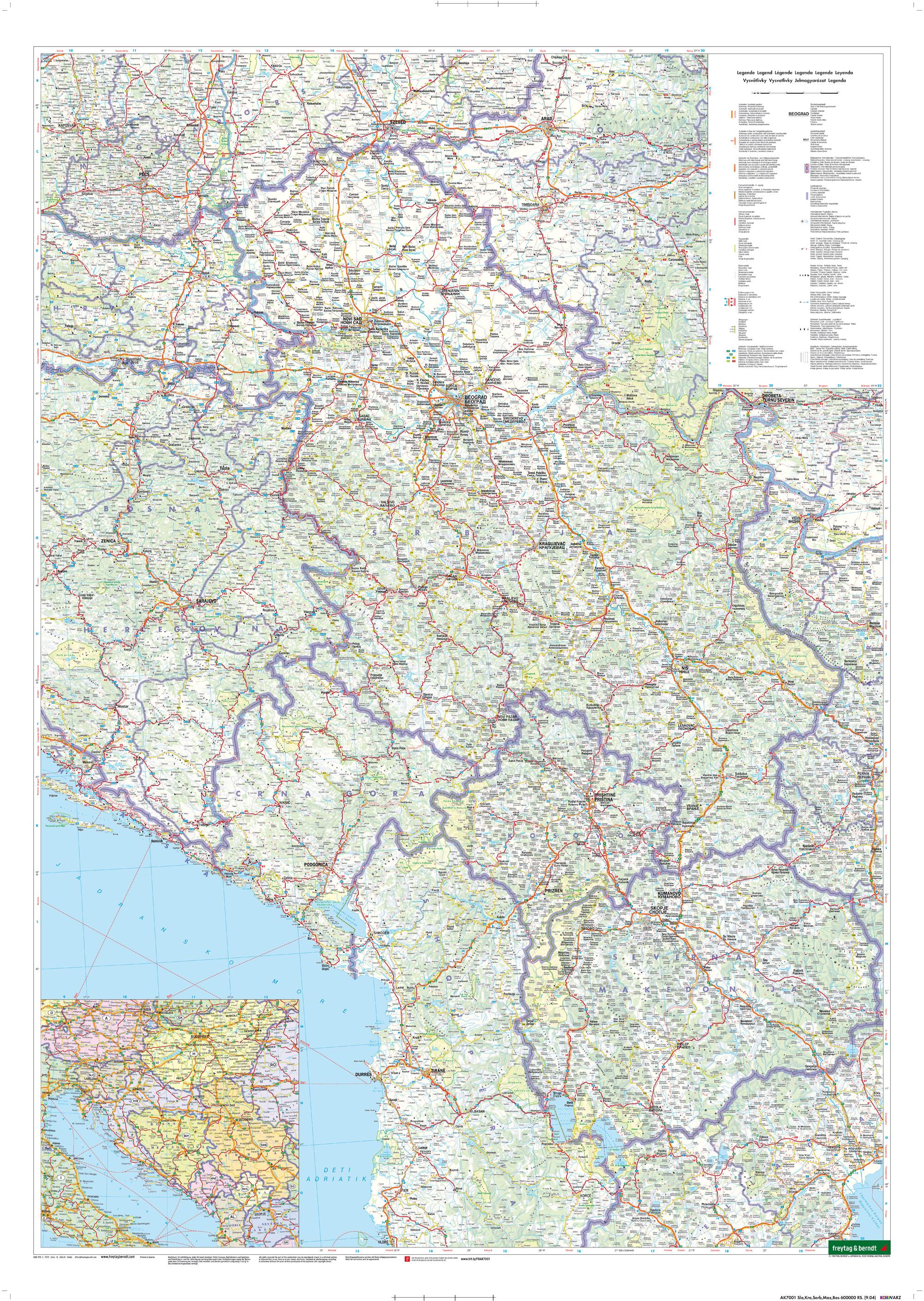 Beispielinhalt (Bild) Slowenien - Kroatien - Serbien - Bosnien-Herzegowina - Montenegro - Kosovo - Nordmazedonien, Straßenkarte 1:600.000, freytag & berndt